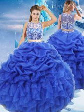 Edgy Royal Blue Two Pieces Beading and Ruffles and Pick Ups Quince Ball Gowns Zipper Organza Sleeveless Floor Length