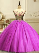 Flare Floor Length Fuchsia Quinceanera Gowns Scoop Sleeveless Lace Up
