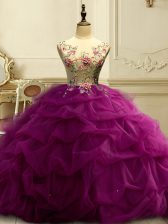 Noble Fuchsia Ball Gowns Scoop Sleeveless Organza Floor Length Lace Up Appliques and Ruffles and Sequins Quinceanera Dresses