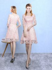 Fitting Baby Pink A-line Lace Scoop Half Sleeves Lace Mini Length Zipper Vestidos de Damas