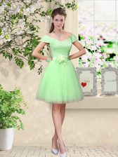  Apple Green V-neck Lace Up Lace and Belt Dama Dress Cap Sleeves