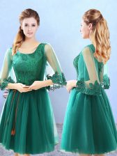  Knee Length Green Court Dresses for Sweet 16 Scoop 3 4 Length Sleeve Lace Up
