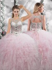Simple Floor Length Baby Pink 15th Birthday Dress Tulle Sleeveless Beading and Ruffles