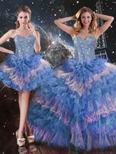 Sumptuous Sweetheart Sleeveless Lace Up Quince Ball Gowns Multi-color Organza