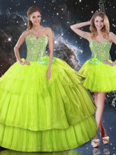 Clearance Floor Length Lace Up Quinceanera Gown Yellow Green for Military Ball and Sweet 16 and Quinceanera with Ruffled Layers
