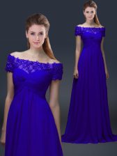  Off The Shoulder Short Sleeves Chiffon Prom Party Dress Appliques Lace Up