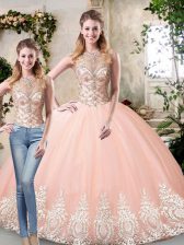 Top Selling Peach Lace Up Scoop Beading and Lace and Appliques 15 Quinceanera Dress Tulle Sleeveless