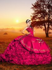 Romantic Sleeveless Brush Train Embroidery and Ruffles Lace Up Quince Ball Gowns
