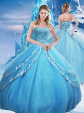 Modest Baby Blue Sleeveless Tulle Lace Up 15th Birthday Dress for Military Ball and Sweet 16 and Quinceanera