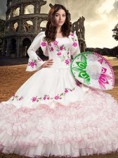 Smart White Ball Gowns Organza Square Long Sleeves Embroidery and Ruffled Layers Floor Length Lace Up Quinceanera Gown