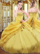  Gold Lace Up 15th Birthday Dress Beading and Pick Ups Sleeveless Floor Length