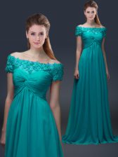 Luxurious Chiffon Off The Shoulder Short Sleeves Lace Up Appliques Dress for Prom in Teal 