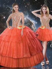 Modest Rust Red Lace Up Quinceanera Dress Ruffled Layers and Sequins Sleeveless Floor Length
