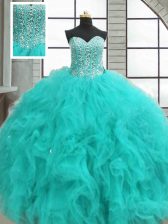  Floor Length Turquoise Quinceanera Gowns Organza Sleeveless Beading and Ruffles