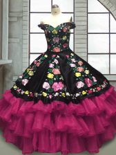 Custom Designed Multi-color Lace Up Quince Ball Gowns Embroidery and Ruffled Layers Sleeveless Floor Length