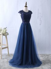 Sophisticated Navy Blue Short Sleeves Tulle Zipper Prom Party Dress for Prom and Party and Military Ball
