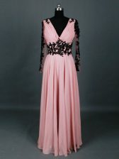Customized Pink Chiffon Zipper V-neck Long Sleeves Floor Length Dress for Prom Lace and Appliques