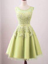 Glittering Scoop Sleeveless Quinceanera Dama Dress Knee Length Lace Yellow Tulle