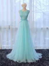 Excellent Scoop Sleeveless Damas Dress Brush Train Lace and Bowknot Apple Green Tulle