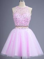  Scoop Sleeveless Lace Up Dama Dress for Quinceanera Lilac Tulle