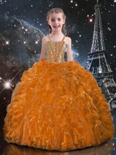 Dazzling Sleeveless Organza Floor Length Lace Up Little Girls Pageant Gowns in Orange Red with Beading and Ruffles