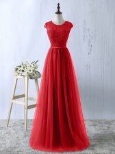 Flare Red A-line Scoop Short Sleeves Tulle Floor Length Zipper Lace Dress for Prom