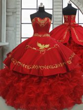  Wine Red Satin and Organza Lace Up Sweetheart Sleeveless Ball Gown Prom Dress Brush Train Beading and Embroidery and Ruffles