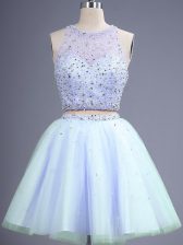 New Style Lavender Two Pieces Tulle Scoop Sleeveless Beading Knee Length Lace Up Court Dresses for Sweet 16