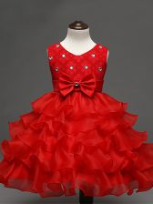  Ball Gowns Little Girls Pageant Gowns Red Scoop Organza Sleeveless Knee Length Zipper
