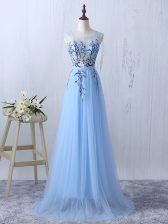 Ideal Light Blue Empire Tulle Scoop Sleeveless Appliques Floor Length Side Zipper Quinceanera Dama Dress