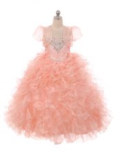 Dramatic Peach Sleeveless Organza Lace Up Girls Pageant Dresses for Wedding Party