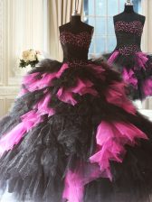 Vintage Pink And Black Tulle Lace Up Sweetheart Sleeveless Floor Length Sweet 16 Quinceanera Dress Beading and Ruffles