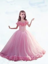 On Sale Baby Pink Off The Shoulder Lace Up Hand Made Flower Little Girl Pageant Gowns Court Train Sleeveless