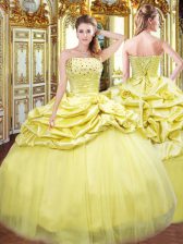 Best Selling Gold Ball Gowns Strapless Sleeveless Taffeta Floor Length Lace Up Beading and Pick Ups Quince Ball Gowns