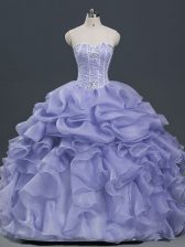  Lavender Ball Gowns Organza Sweetheart Sleeveless Beading and Ruffles and Pick Ups Floor Length Lace Up Quince Ball Gowns