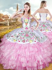  Rose Pink Organza and Taffeta Lace Up Sweetheart Sleeveless Floor Length Vestidos de Quinceanera Embroidery and Ruffled Layers