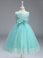  Sleeveless Tulle Knee Length Zipper Child Pageant Dress in Apple Green with Lace and Bowknot