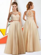 Chic Champagne Chiffon Zipper Halter Top Sleeveless Floor Length Quinceanera Dama Dress Lace