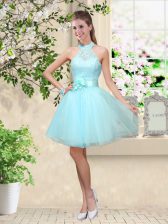 Modern Aqua Blue Lace Up Damas Dress Lace and Belt Sleeveless Knee Length