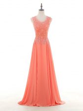 Beautiful Watermelon Red Empire Chiffon Scoop Sleeveless Lace and Appliques Floor Length Zipper Evening Dress