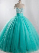 Pretty Sleeveless Tulle Floor Length Lace Up Quinceanera Dress in Turquoise with Beading