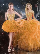 Modest Orange Quinceanera Gowns Military Ball and Sweet 16 and Quinceanera with Beading and Ruffles Sweetheart Sleeveless Lace Up