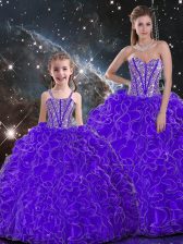  Floor Length Lace Up Sweet 16 Dresses Purple for Military Ball and Sweet 16 and Quinceanera with Beading and Ruffles