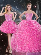 Spectacular Sweetheart Sleeveless Lace Up Quinceanera Dress Rose Pink Organza