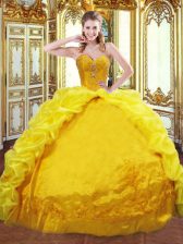High Quality Gold Sleeveless Beading and Embroidery and Pick Ups Lace Up Quinceanera Dress
