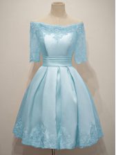 Artistic Light Blue A-line Off The Shoulder Half Sleeves Taffeta Knee Length Lace Up Lace Damas Dress