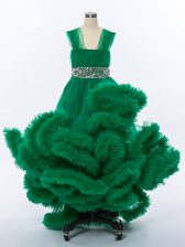 Hot Selling High Low Dark Green Little Girls Pageant Gowns Tulle Sleeveless Beading and Hand Made Flower