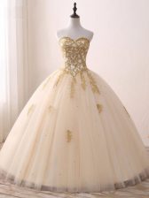  Sweetheart Sleeveless Quinceanera Dress Floor Length Beading and Lace and Appliques Champagne Tulle