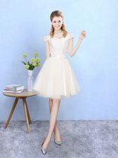 Adorable Champagne Empire Off The Shoulder Cap Sleeves Tulle Knee Length Lace Up Lace Quinceanera Dama Dress