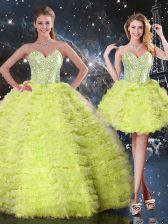 Delicate Sleeveless Tulle Floor Length Lace Up Quinceanera Dress in Yellow Green with Beading and Ruffles